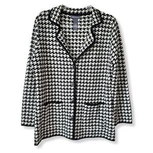 Vtg 80s Women Black Ivory Merino Wool Blazer Cardigan L Classy Tailored Career